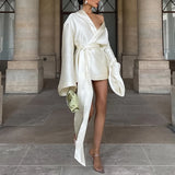 GETADME Simple Silk Satin French Style Dress Elegant Women Lace-up Waisted Dress New Long Sleeved V-neck Women Temperament Party Dresses
