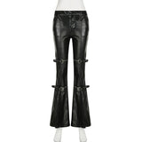 GETADME SUCHCUTE PU Leather Flare Pant Goth Buckle Lace Patchwork Pants Women Fashion Y2K Streetwear Vintage Aesthetics Casual Trouesrs