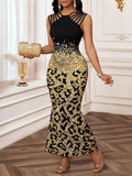 GETADME Elegant Leopard Print Sequin Fishtail Dress for Women, Black & Gold, Sleeveless, Party Evening Wear