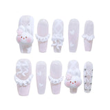 GETADME 10pcs Handmade Press On Nails Light Pink French Style White Long Coffin False Nails Cute 3D Rabbit Designs Sweet Fake Nail Tips
