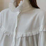 GETADME French Lapel Lantern Sleeve Lace Design Shirt, Loose White Shirt, Early Spring, New, 2025