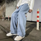 GETADME New Streetwear Loose Jeans Men Korean Style Fashion Loose Straight Wide Leg Pants Men's Brand Clothing Black Light Blue
