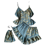 GETADME 3 Pcs Summer Women Dress Silk Pajamas Fashion Print Suspenders and Shorts With Hanging Bag Home Wear Set Sexy