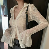 GETADME Y2K Long Sleeved Shirt Sunscreen Clothing Cardigan Female Summer Loose Fitting Mesh Yarn Sexy Thin Frenulum Pure Desire Hottie