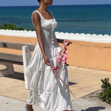 GETADME Candyhot Elegant Square-neck White Maxi Dress Casual Summer Slim Lace Up Sleeveless Dreses 2025 French Party Beachwear Vestidos