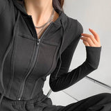 GETADME Thin Hooded Cardigan Women Korean Vintage Slim Summer Solid Sports Jacket Vertical Pit Stripe Zipper Female Sexy Cropped Tops