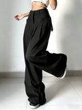 GETADME Women's Black High Waist Wide Leg Suit Pants Pleated Front Side Tie Detail Loose Fit Casual Streetwear Spring Summer Trousers