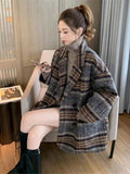Women's Jacket Woolen Coat Winter Korean Vintage Lattice Loose Women Tweed Jacket Double Breasted Turn Down Collar Coat Women
