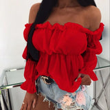 GETADME Women's Fashion One-line Collar Waist Shirt Women's Pleated Casual Long Sleeve Solid Color Shirt Woman