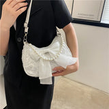 GETADME Pearl Female Bag Retro Luxury Designer Handbag Bow Crossbody Bags Fashion Canvas Women's 2025 Trend Shoulder bag Purses