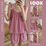 GETADME 귀여운 여성 잠옷 라운지웨어 한국 버전 달콤하고 심플한 플라이 슬리브 언더셔츠 플레드 홀터 홈웨어 정장 잠옷