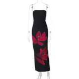 GETADME Laxsesu Mesh Flower Print Strapless Backless Lace Up Sexy Elegant Bodycon Maxi Prom Dress Women Y2K Outfit Party Beach Christmas
