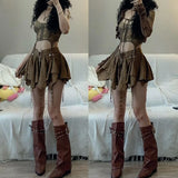 GETADME Fashion Harajuku Vintage 3 Piece Set Woman Short Cardigan + Slim Vest + Y2k E-Girl High Waist Skirt Hot Girls Korean Style Suit