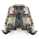 GETADME Chinese retro jacquard long-sleeved round neck denim jacket women's spring new fashion temperament short Joker little jacket.