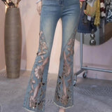 GETADME Women New Comfortable Design Sense Solid Color High Waist Draped Straight Thin Trousers Summer Skeleton Embroidery Denim Slim