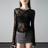 GETADME Autumn Round Neck Long Sleeve T-shirt Women's Fashion Slim Fit Fashion Trend See Throught T Shirts Flocking Flowers Tees