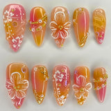 GETADME 24Pcs 3D Strawberry Rabbit Flower Fake Nails Press on Mid-length Almond Wearable False Nails Green Gradient Pearl Manicure Tips