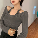 GETADME Womens Korean version Long Sleeve Sweater Off Shoulder Sexy Knitted Pullover Jumper Sweaters Knit Sweater Casual Loose Blouse