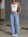 GETADME Women's Back Pocket Bow Embroidered Fashionable Wide Leg Pants Versatile Washed Denim Trousers