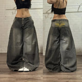 GETADME 2026 American New Fashion Star Pattern Embroidery Old Jeans Women Y2K Gothic Hip-hop Casual Joker Straight Wide-leg Trousers