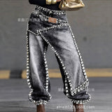 GETADME Women Wide Leg Pants Jeans Rhinestone Denims Distressed Washed Full Length Vintage Asymmetrical Trousers Y2k Streetwear 2026