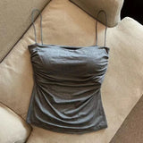 GETADME Women's Sleeveless Pleated Slim Fit Vest Sexy Hot Girl Short Top With Thin Shoulder Straps Solid Color Simple Fashion Vest