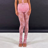 GETADME Sexy Lace Sheer Stacked Pants For Women Neon Pink High Waist Slim Night Club Trend Female Stunning Bottoms Streetwear Trousers