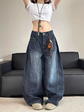 GETADME Stylish Chic Elegant Embroidered Patchwork Jeans Women Vintage Washed Draping Denim Straight Loose Fit Slimming Versatile Pants