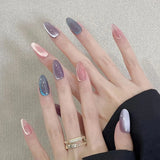 GETADME 24Pcs Metallic Cat Eye French Sheer Manicure Tip Art Textured 3D Acrylic False Nails Nude Pink Almond Medium Press on Fake Nails