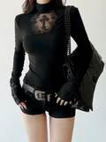 GETADME Turtleneck Top Y2k Clothes Black Gothic Cross Hollow Slimming Bottom T Shirt for Women Long Sleeve Sexy T-shirt Girls Tops