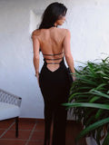 GETADME Sexy Backless Halter Elegant Bandage Maxi Dress Outfits for Women Sleeveless Summer Club Party Black Gown Dresses