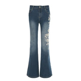 GETADME Flare Pants Jeans Women Embroidery Boot Cut Low Waist Washed Distressed Pockets Floor Length Streetwear 2025 Denim Trousers