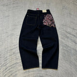 GETADME Hip Hop Cherry Blossom Embroidered Jeans Vintage Low Waist Wide Leg Trousers Y2K Clothes Mens Womes Embroidered Baggy Jeans