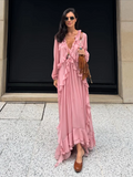 GETADME Elegant Solid Multiple Flounces Lace Up Dresses Chic Loose V Neck Full Sleeve Robes New Lady Summer Commute Vacation Gown 2025