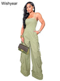 GETADME 패션 멀티 포켓 카고 팬츠 와이드 레그 점프수트 롬퍼 여성 카키 스파게티 스트랩 백리스 원피스 오버올 스트리트웨어