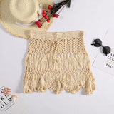 GETADME Handmade Crochet Hollow Out Swimwear Cover Up Solid Color Drawstring Short Skirt Women Holiday Knitting Sweet Beachwear