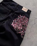 GETADME Hip Hop Cherry Blossom Embroidered Jeans Vintage Low Waist Wide Leg Trousers Y2K Clothes Mens Womes Embroidered Baggy Jeans