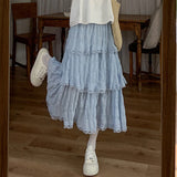 GETADME Sweet Lace Ruffles Long Skirt Women Summer Cute Puff Cake A Line Skirt Woman Korean Style High Waist White Chiffon Tulle Skirt