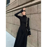 GETADME New French Style Temperament Women's High-Grade Black Dress Hepburn Style Gray Turtleneck Dress for Women Autumn Winter DF4964
