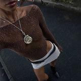 GETADME 섹시하고 투명한 라인스톤 메시 고탄력 란제리 바디수트 긴팔 미드나잇 클럽 매혹적인 슬림 바디콘 탑