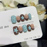 Getadme 10pcs Handmade French Short Press On Nails Blue Brown Polka Dot Bow Star Design Fake Nail Wearable Nail Art Tips for Girls