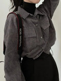 Getadme Vintage Corduroy Cropped Jacket Women Korean Fashion Long Sleeve Drawstring Blouses Female Casual Loose Single Breasted Coats