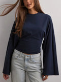 GETADME Tossy White Casual Autumn T-shirt Pullover For Women Bandage High Waist Long Sleeve Commute Loose Tee Female Solid T-shirt 2025