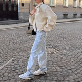 GETADME Winter Fashion Solid Color Lamb Wool Solid Color Jacket Flip Collar Women's Thick Warm Zipper Long Sve Short Coat 2025 New Wo