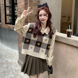 Getadme-Cute Checkered Sweater Vests Women Sweet V-neck Female Ulzzang Heart-knitted Sleeveless Sweaters Tricot Jumpers Retro Students
