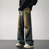 GETADME Mens Washed Denim Jeans American Vintage Loose Wide Leg Straight Micro Flare High Waist Floor Length Casual Trendy Long Pants