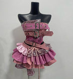 Getadme  Preppy Style Vintage Red Denim Bustier Tops + Sweet Spicy Pure Design Mini Cake Skirt Women 2 Piece Sets Summer 2025 Korea Style