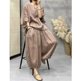 GETADME Loose Ramie Set For Women Large Size With Bat Sleeves V-neck Cotton Linen T-shirt Casual Lantern Pants Two-Piece Set For Summer