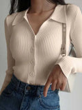 GETADME 2025 Women Lapel Slim Tops Ladies Buttons Sexy V Neck Long Sleeve POLO Neck Knit Cardigan Sweater