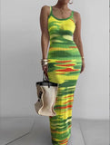 GETADME Dresses For Women 2025 Sexy Spaghetti Strap Color Printed Long Dress Evening Y2k Sleeveless Solid Skinny Bodycon Maxi Vestidos